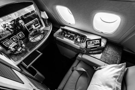 BERLIN, GERMANY - JUNE 02, 2016: Interior of first class of the world's largest aircraft Airbus A380. Emirates Airline. Black and white. Exhibition ILA Berlin Air Show 2016のeditorial素材