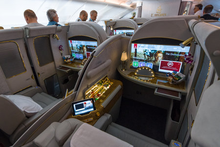 BERLIN, GERMANY - JUNE 02, 2016: Interior of first class of the world's largest aircraft Airbus...