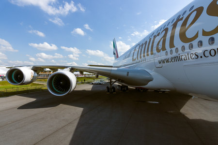 BERLIN, GERMANY - JUNE 02, 2016: Detail of the wing and a turbofan "Engine Alliance GP7000" of the airliner - Airbus A380. Emirates Airline. Exhibition ILA Berlin Air Show 2016のeditorial素材