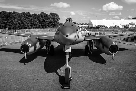 BERLIN, GERMANY - JUNE 02, 2016: Fighter aircraft Messerschmitt Me 262 B-1a "Schwalbe". Modern replica by Airbus Group. Black and white. Exhibition ILA Berlin Air Show 2016のeditorial素材