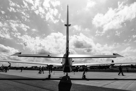 BERLIN, GERMANY - JUNE 02, 2016: High altitude and reconnaissance aircraft Grob G520 T. Rear view. Black and white. Exhibition ILA Berlin Air Show 2016のeditorial素材