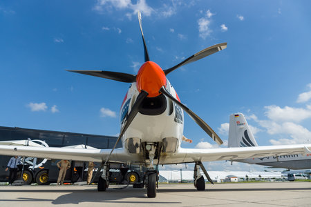 BERLIN, GERMANY - JUNE 02, 2016: Two-seat turboprop training and aerobatic low-wing aircraft Grob G120TP. Exhibition ILA Berlin Air Show 2016のeditorial素材