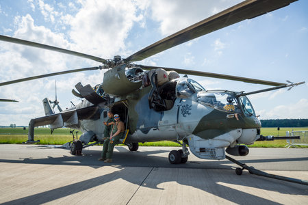 BERLIN, GERMANY - JUNE 02, 2016: Attack helicopter Mil Mi-24 Hind. Czech Air Force. Exhibition ILA Berlin Air Show 2016のeditorial素材