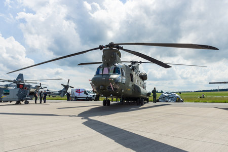 BERLIN, GERMANY - JUNE 02, 2016: The twin-engine, tandem rotor heavy-lift helicopter Boeing CH-47...