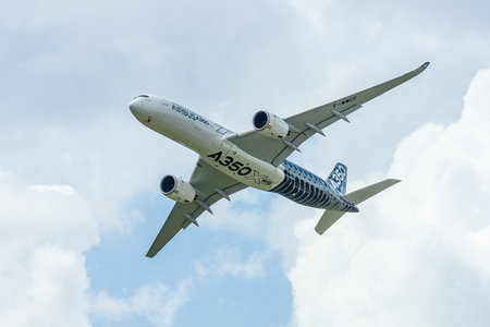 BERLIN, GERMANY - JUNE 02, 2016: Demonstration flight Airbus A350 XWB. Exhibition ILA Berlin Air Show 2016のeditorial素材