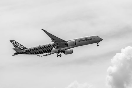 BERLIN, GERMANY - JUNE 02, 2016: Demonstration flight Airbus A350 XWB. Black and white. Exhibition ILA Berlin Air Show 2016のeditorial素材