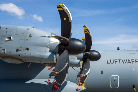 BERLIN, GERMANY - JUNE 03, 2016: Turboprop engine Europrop TP400-D6 of military transport aircraft Airbus A400M Atlas. Exhibition ILA Berlin Air Show 2016のeditorial素材