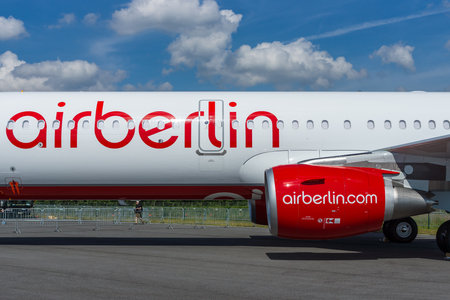 BERLIN, GERMANY - JUNE 03, 2016: Narrow-body jet airliner Airbus A321-211. Airberlin. Exhibition ILA Berlin Air Show 2016のeditorial素材