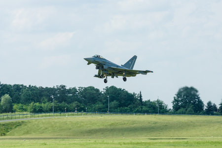 BERLIN, GERMANY - JUNE 03, 2016: Landing multirole fighter Eurofighter Typhoon. Exhibition ILA Berlin Air Show 2016のeditorial素材