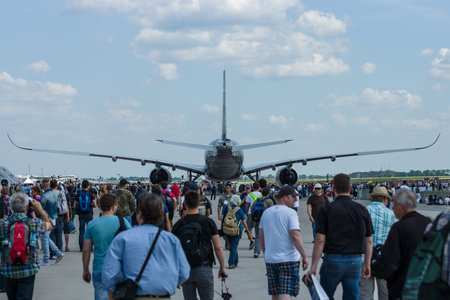BERLIN, GERMANY - JUNI 03, 2016: The newest Airbus A350 XWB at the airfield. Rear view. Exhibition ILA Berlin Air Show 2016のeditorial素材