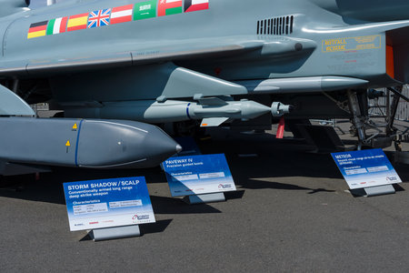 BERLIN, GERMANY - JUNE 03, 2016: Samples of the suspension arms, missiles and aerial bombs of...