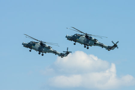 BERLIN, GERMANY - JUNE 03, 2016: An anti-submarine and anti-shipping helicopter - AgustaWestland AW159 Wildcat. Black Cats (Royal Navy Display Team). Exhibition ILA Berlin Air Show 2016のeditorial素材