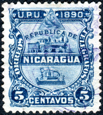 NICARAGUA - CIRCA 1890: Postage stamp printed in the Nicaragua, shows Locomotive and Telegraph Key, circa 1890のeditorial素材