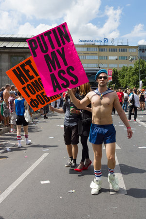 BERLIN, GERMANY - JUNE 22, 2013: Christopher Street Day. Demonstration of support for gays and lesbians of Russia against homophobic of the Act passed by the State Duma of the Russian Federation.のeditorial素材