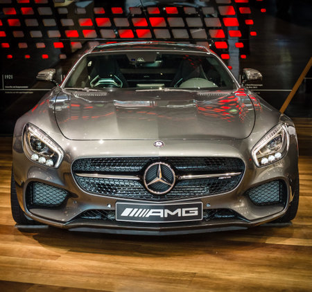 BERLIN - AUGUST 09, 2016: Showroom. Sports car Mercedes-AMG GT S Coupe (C190). Produced since 2015.のeditorial素材