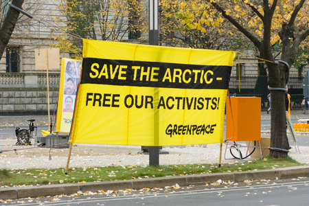 BERLIN, GERMANY - OCTOBER 25, 2013: The protest by Greenpeace activists in front of the Russian Embassy in Berlin in support of arrested Arctic Sea crew.のeditorial素材