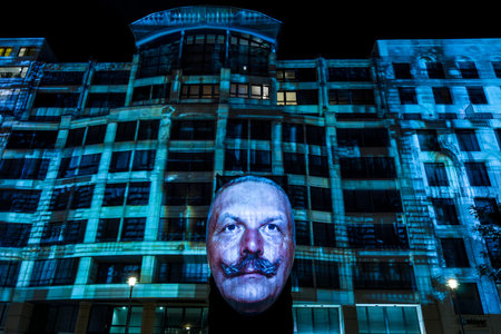 BERLIN - OCTOBER 08, 2016: Festival of lights. Historical projection on the facade of the new shopping center "Mall of Berlin" at Potsdamer Platz.のeditorial素材