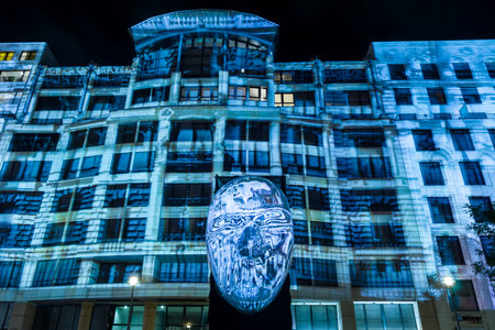 BERLIN - OCTOBER 08, 2016: Festival of lights. Historical projection on the facade of the new shopping center "Mall of Berlin" at Potsdamer Platz.のeditorial素材