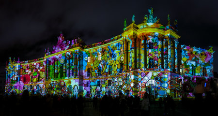 BERLIN - OCTOBER 08, 2016: Festival of lights. The building of the Law Faculty of the Humboldt University in festive illumination.のeditorial素材