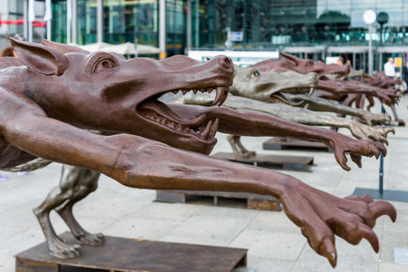 BERLIN - AUGUST 09, 2016: Installation in front of the main railway station (Hauptbahnhof) on Washingtonplatz (Washington square) - The wolfes are back?のeditorial素材