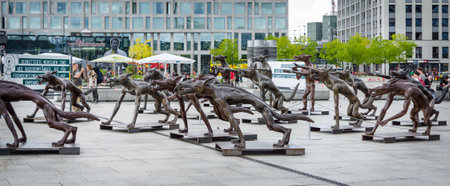 BERLIN - AUGUST 09, 2016: Installation in front of the main railway station (Hauptbahnhof) on Washingtonplatz (Washington square) - The wolfes are back?のeditorial素材