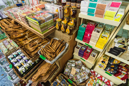 HERAKLION, GREECE - JULY 09, 2016: Crete. Traditional Cretan souvenirs and gifts. Heraklion - the largest city on the island.のeditorial素材