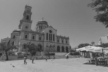 HERAKLION, GREECE - JULY 09, 2016: Crete. Agios Minas Cathedral - Greek Orthodox Church. The residence of Archbishop of Crete. Black and white. Stylization.のeditorial素材