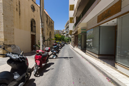 HERAKLION, GREECE - JULY 09, 2016: Crete. The narrow shopping streets in the old part of the city. Heraklion - the largest city on the island.のeditorial素材