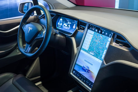 BERLIN - NOVEMBER 09, 2016: Showroom. The dashboard of a full-sized, all-electric, luxury, crossover SUV Tesla Model X. Produced since 2016.のeditorial素材