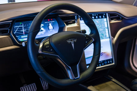 BERLIN - NOVEMBER 09, 2016: Showroom. The dashboard of a full-sized, all-electric, luxury, crossover SUV Tesla Model X. Produced since 2016.のeditorial素材