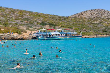 CRETE, GREECE - JULY 11, 2016: Beautiful bay. Kolokitha beach. Peninsula Kalydon. The island of Crete. A popular tourist destination.のeditorial素材