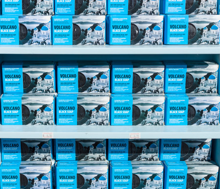 CRETE, GREECE - JULY 11, 2016: Sale of volcanic black soap from the island of Santorini in the stores of a coastal elite tourist town Agios Nikolaos on the Greek island of Crete.のeditorial素材