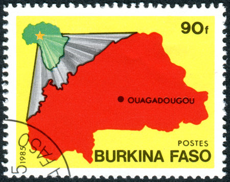 BURKINA FASO - CIRCA 1985: A stamp printed in Burkina Faso, shows the Map of Burkina Faso, circa 1985のeditorial素材