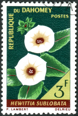 DAHOMEY - CIRCA 1967: A stamp printed in Dahomey, shows the flower Hewittia sublobata, circa 1967のeditorial素材