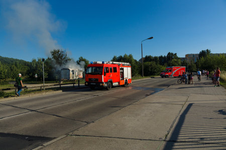 BERLIN - JULY 21, 2013: The fire of construction trailer. District of Marzahn-Hellersdorf. The...