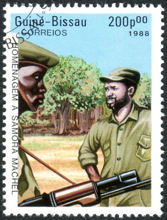 GUINEA - BISSAU - CIRCA 1988: A stamp printed in Guinea-Bissau, show a President of Mozambique Samora Machel, circa 1988のeditorial素材