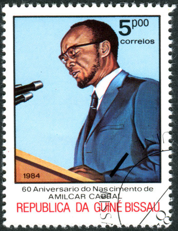GUINEA - BISSAU - CIRCA 1984: A stamp printed in Guinea-Bissau, dedicated to 60th Anniversary of Birth Amilcar Cabral, shows the Public speaking, circa 1984のeditorial素材