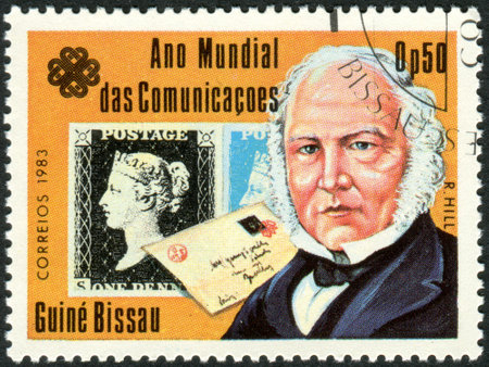 GUINEA - BISSAU - CIRCA 1983: A stamp printed in Guinea-Bissau, dedicated to the World Communications Year, shows an English teacher, inventor and social reformer Sir Rowland Hill, circa 1983のeditorial素材