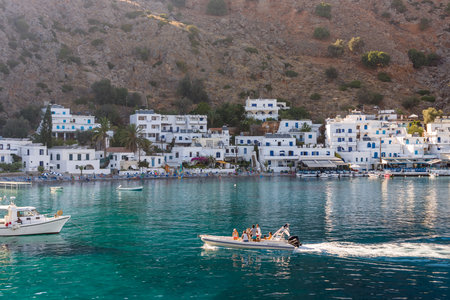 CRETE, GREECE - JULY 14, 2016: Beautiful bay. The village Loutro, Chania region of Crete. Loutro is accessible only by foot or by sea.のeditorial素材