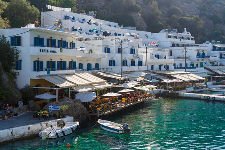 CRETE, GREECE - JULY 14, 2016: Beautiful bay. The village Loutro, Chania region of Crete. Loutro is accessible only by foot or by sea.のeditorial素材