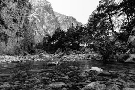 Samaria Gorge. The bed of a mountain river. Crete. Greece. Black and white.の写真素材