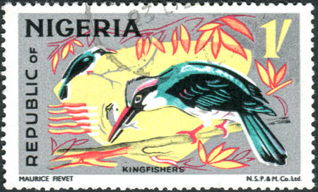 NIGERIA - CIRCA 1971: A stamp printed in Nigeria, shows a Blue-breasted Kingfisher (Halcyon malimbica), circa 1971のeditorial素材