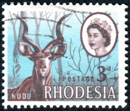 RHODESIA - CIRCA 1966: A stamp printed in Rhodesia, shows the greater kudu (Tragelaphus strepsiceros), circa 1966のeditorial素材
