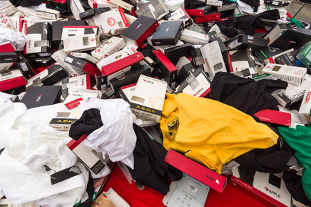 HERAKLION, GREECE - JULY 16, 2016: Crete. Popular among residents and tourists gypsy market. Background of scattered underwear and packaging.のeditorial素材