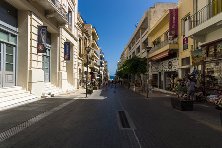 HERAKLION, GREECE - JULY 16, 2016: Crete. The shopping streets in the old part of the city. Heraklion - the capital and the largest city on the island.のeditorial素材