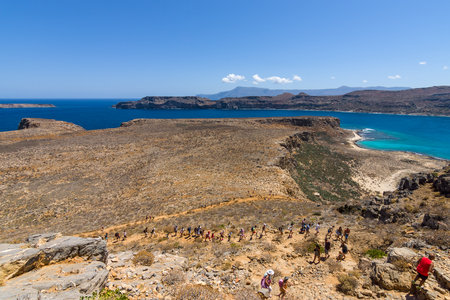 CRETE, GREECE - JULY 18, 2016: Rise to the ancient Venetian fortress. Natural landscape of the island Imeri Gramvousa. Mediterranean Sea.のeditorial素材