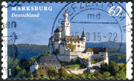 GERMANY - CIRCA 2015: A stamp printed in Germany, shows the medieval castle Marksburg, circa 2015のeditorial素材
