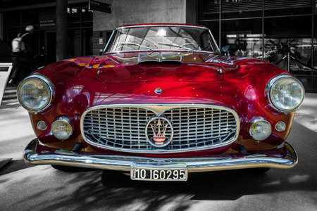 STUTTGART, GERMANY - MARCH 02, 2017: Grand tourer car Maserati 3500 GT (Tipo 101), 1958. Combined toning. A colored car on a black and white background. Europe's greatest classic car exhibition "RETRO CLASSICS"のeditorial素材