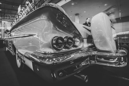 STUTTGART, GERMANY - MARCH 02, 2017: Fragment of the full-size car Chevrolet Impala convertible, 1958. Stylization. Black and white. Europe's greatest classic car exhibition "RETRO CLASSICS"のeditorial素材