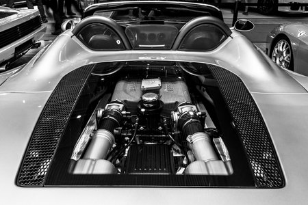 STUTTGART, GERMANY - MARCH 02, 2017: Engine compartment of the Ferrari 360 Spider. Black and white. Europe's greatest classic car exhibition "RETRO CLASSICS"のeditorial素材